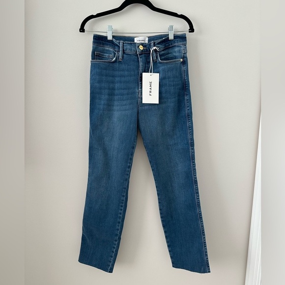 Frame Denim Denim - Frame Le Sylvie Jeans High Rise Straight Fit Crop Raw Edge Size 26 Mid Blue Jean